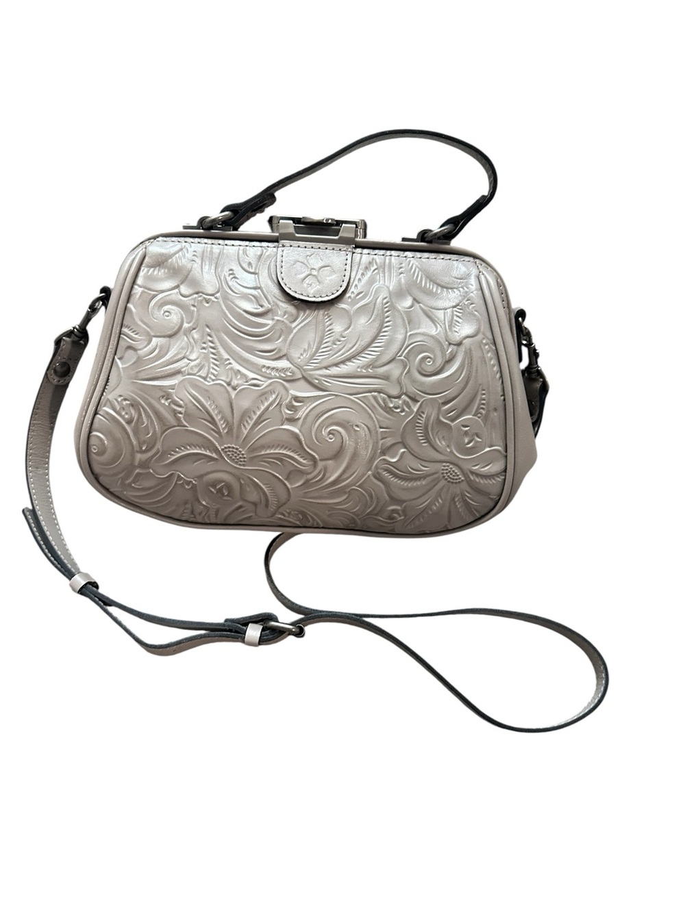 Patricia Nash Gracchi Satchel Tooled Leather Crossbody Bag Frame Handbag Gray - Picture 2 of 14